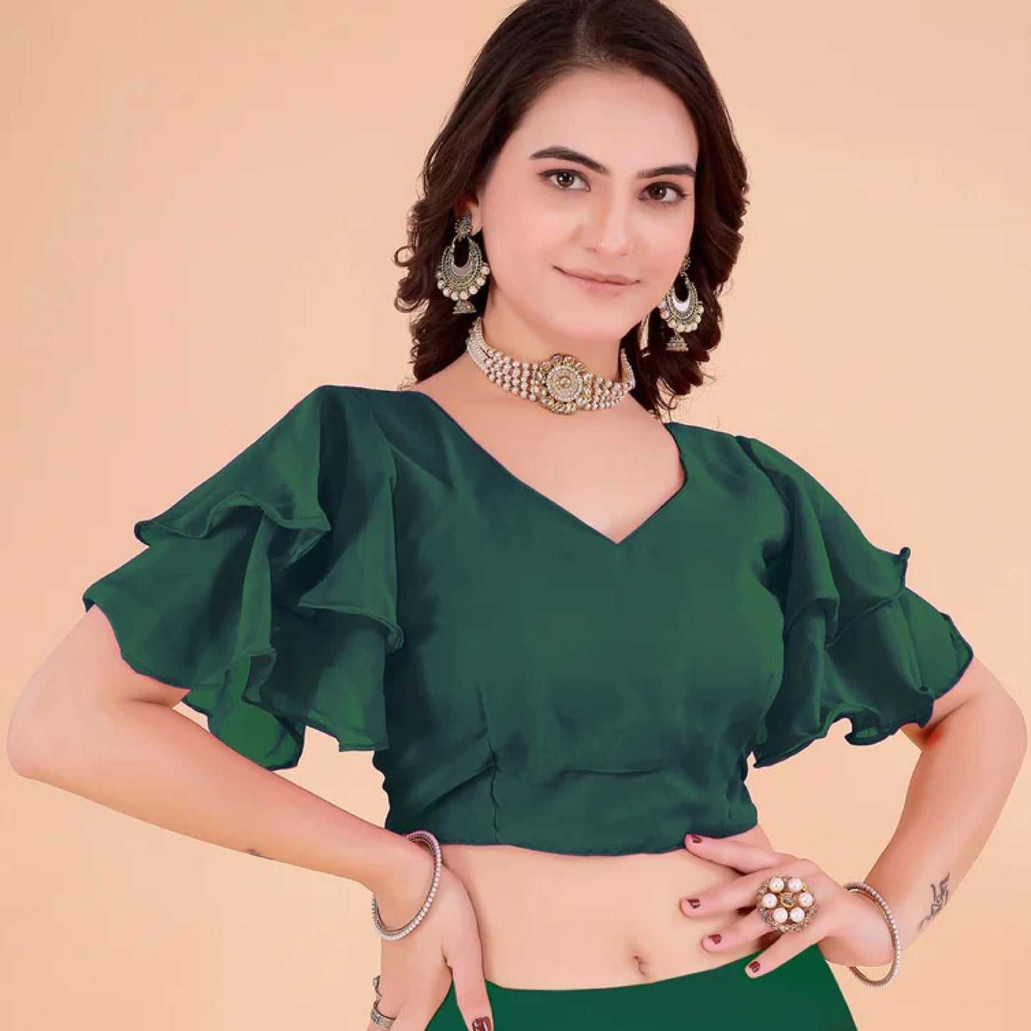 blouseakrt georgette solid round neck party blouse with padded cups & layered short sleeves
