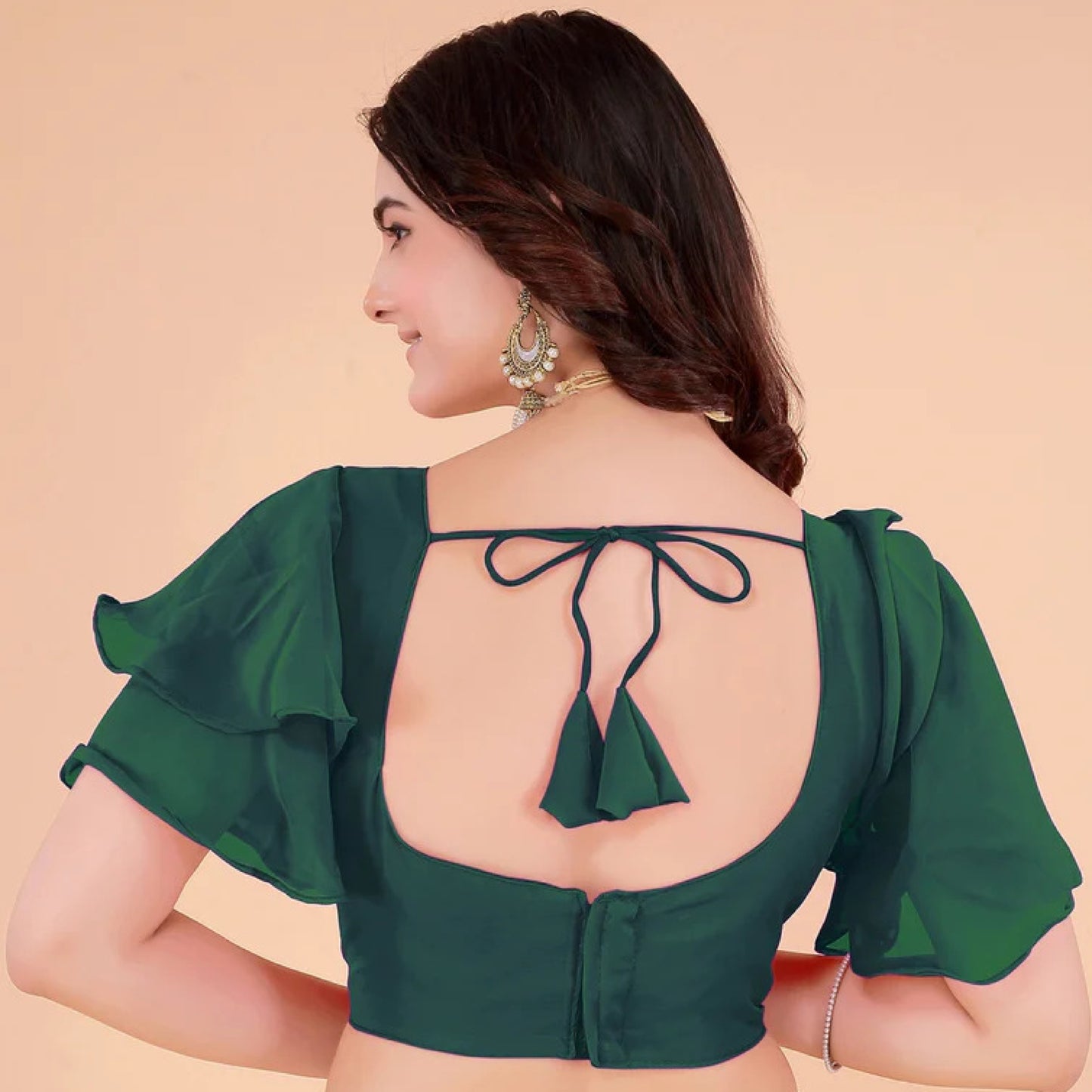 blouseakrt georgette solid round neck party blouse with padded cups & layered short sleeves