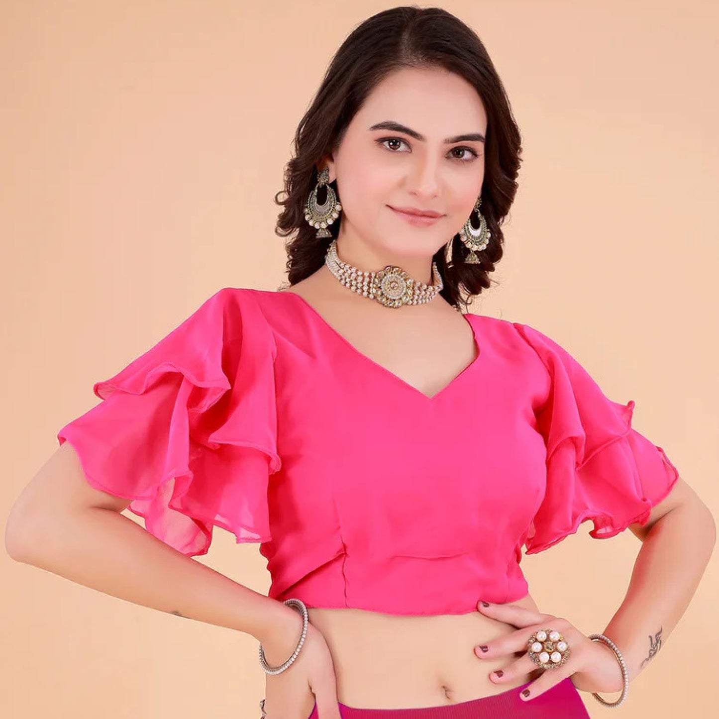 blouseakrt georgette solid round neck party blouse with padded cups & layered short sleeves