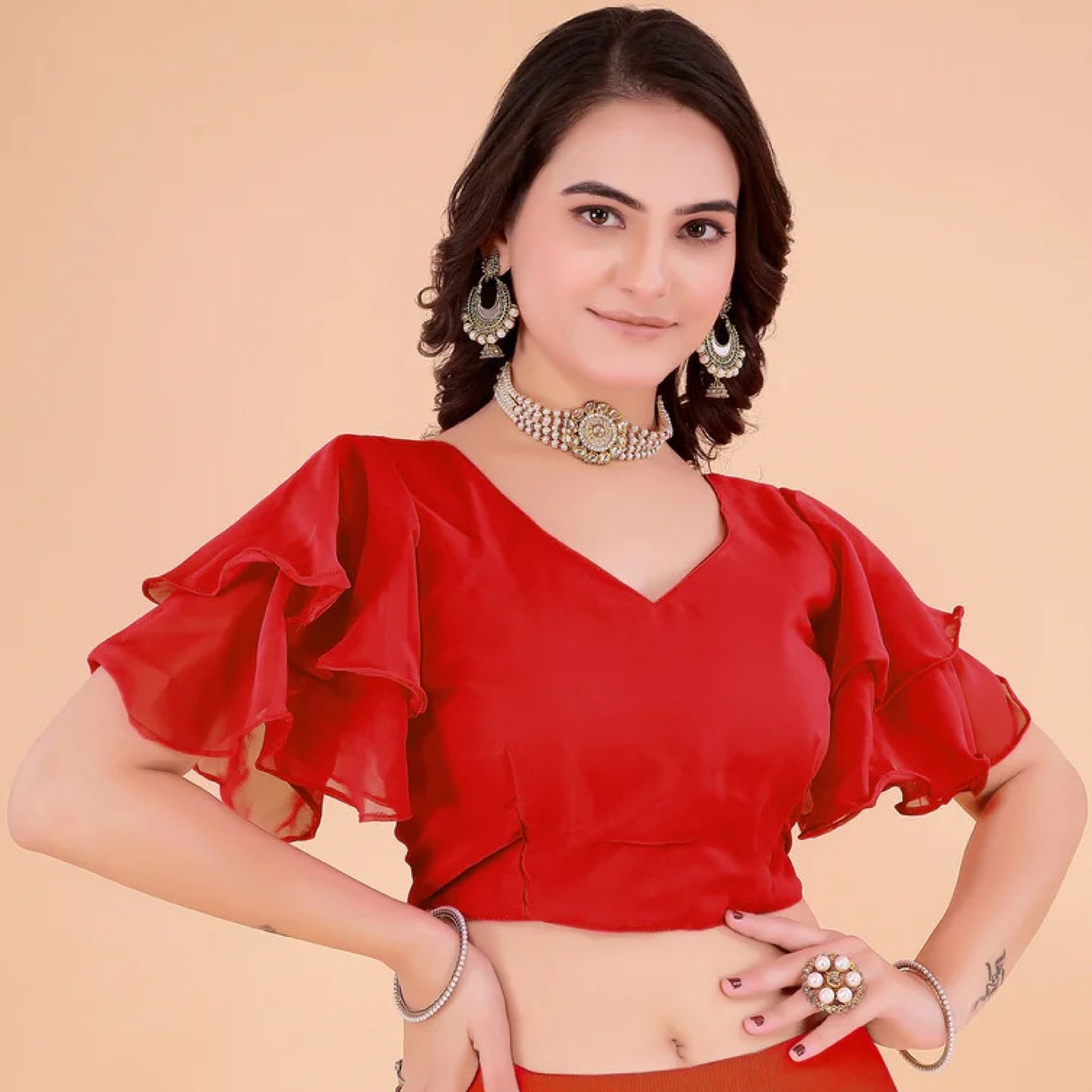 blouseakrt georgette solid round neck party blouse with padded cups & layered short sleeves