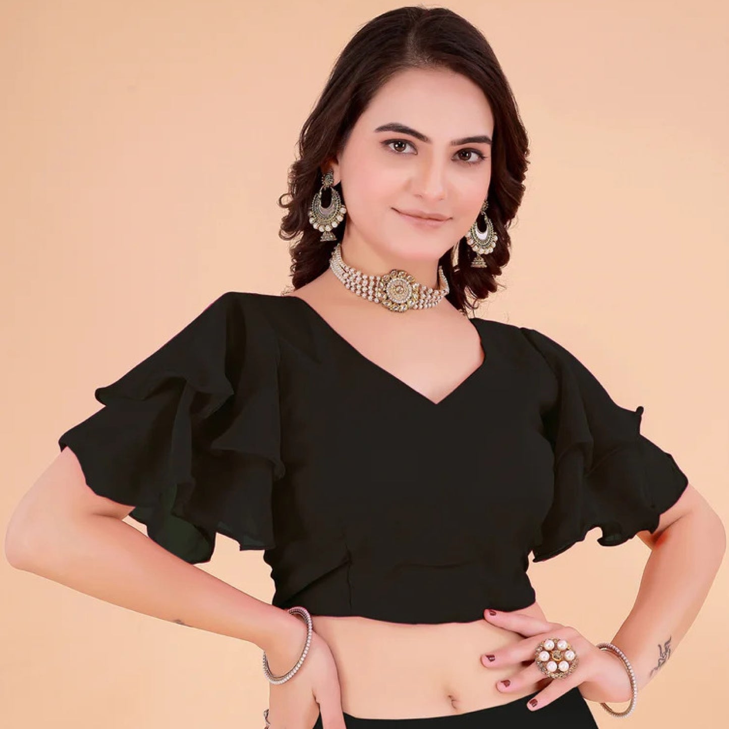 blouseakrt georgette solid round neck party blouse with padded cups & layered short sleeves