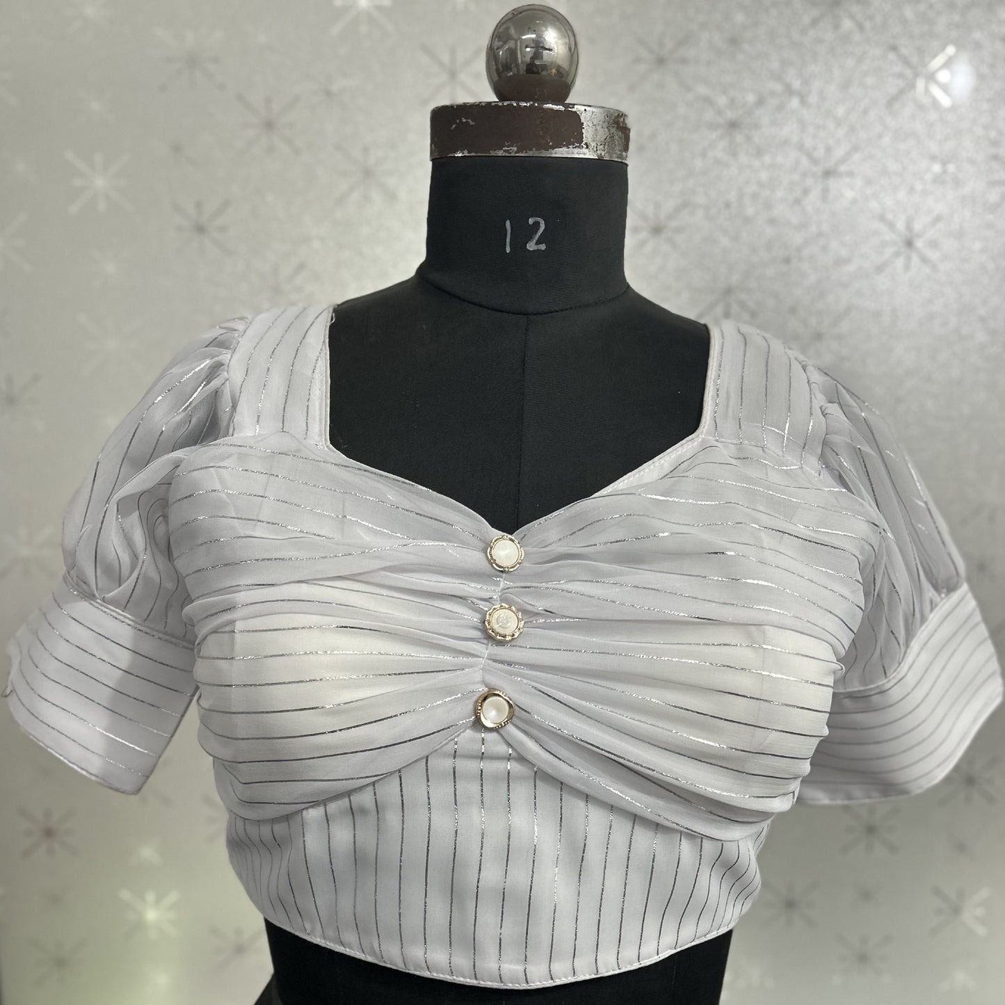 fashionable georgette puff cap sleeve striped halter neck causal wear white blouse | 1649