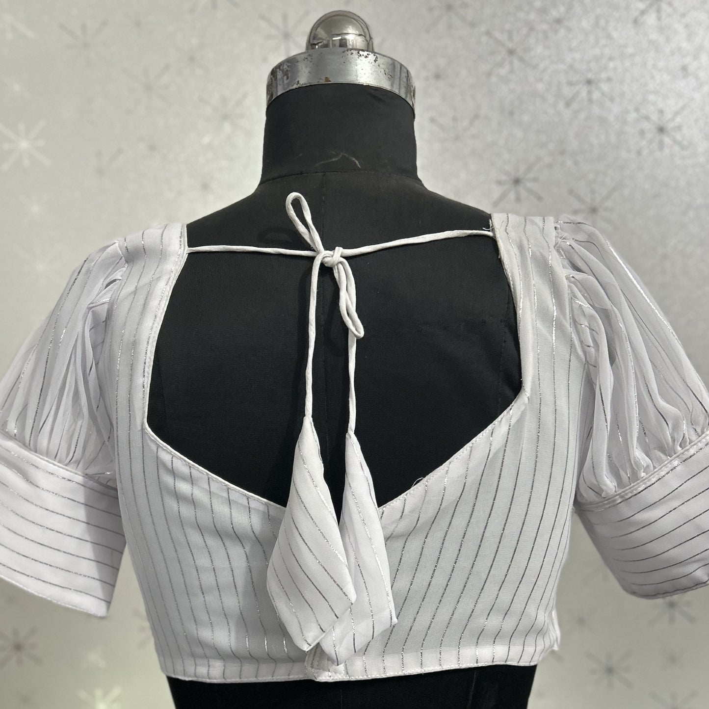fashionable georgette puff cap sleeve striped halter neck causal wear white blouse | 1649