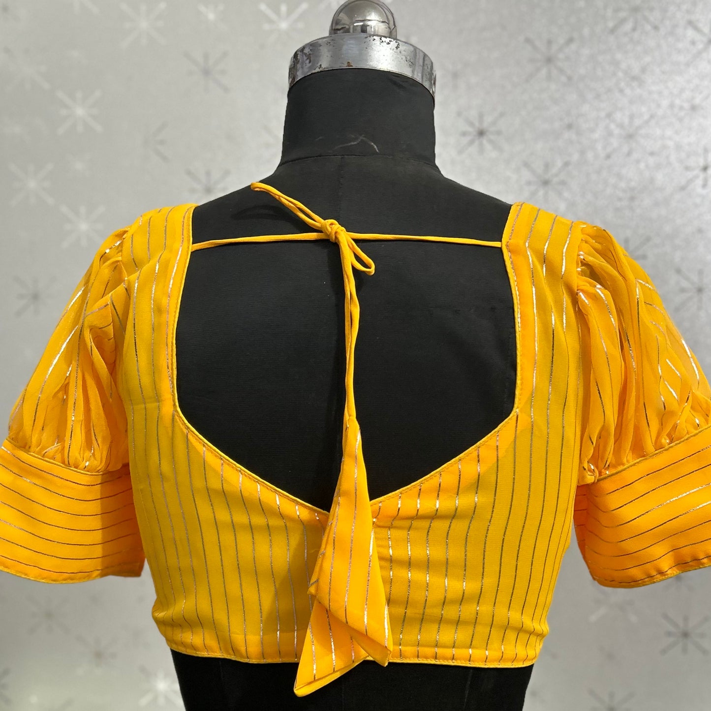 fashionable georgette puff cap sleeve striped halter neck causal wear yellow blouse | 1649
