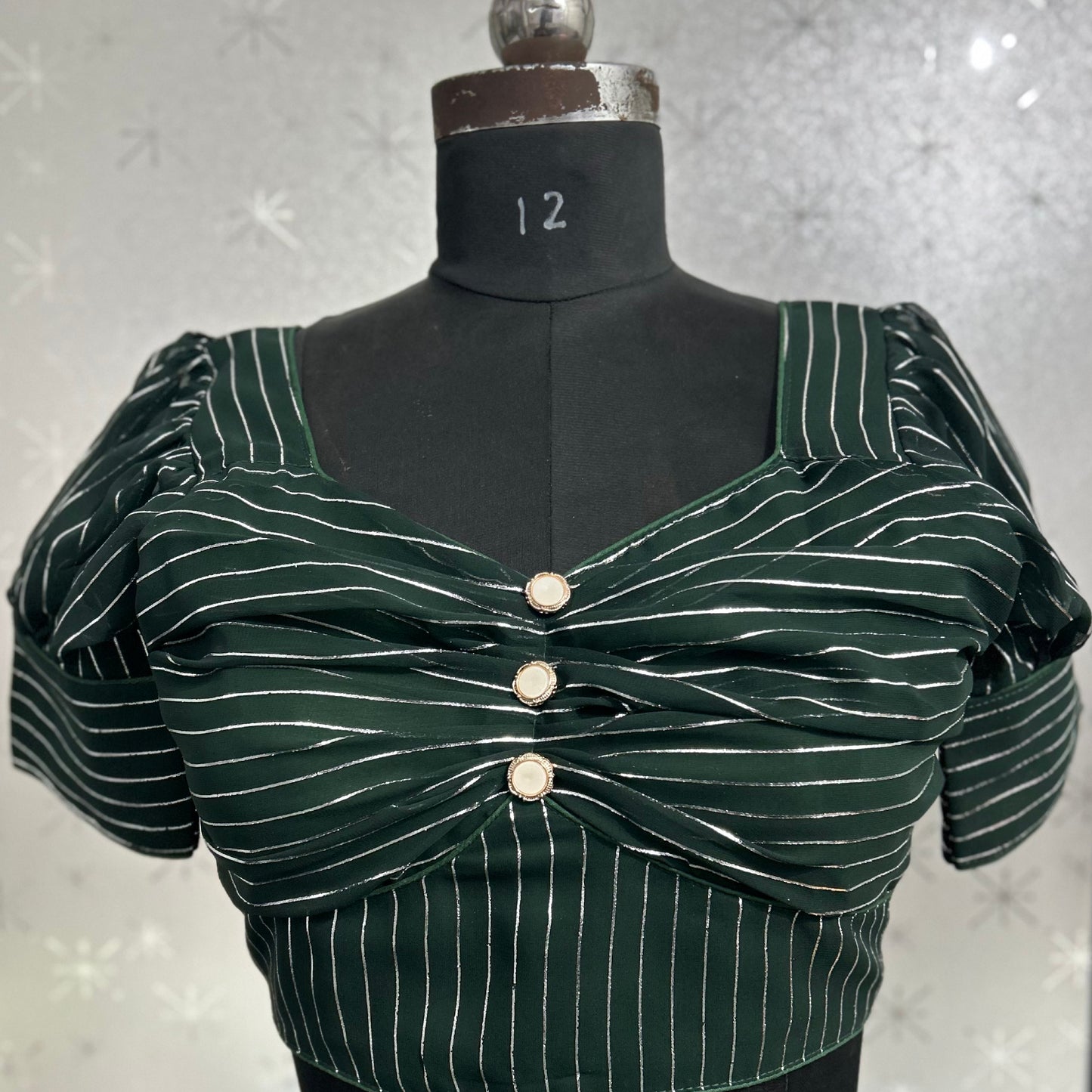 fashionable georgette puff cap sleeve striped halter neck causal wear green blouse | 1649