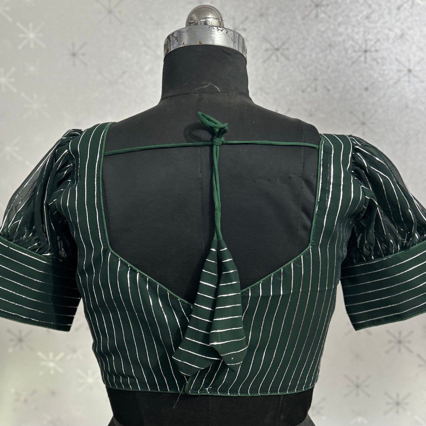fashionable georgette puff cap sleeve striped halter neck causal wear green blouse | 1649