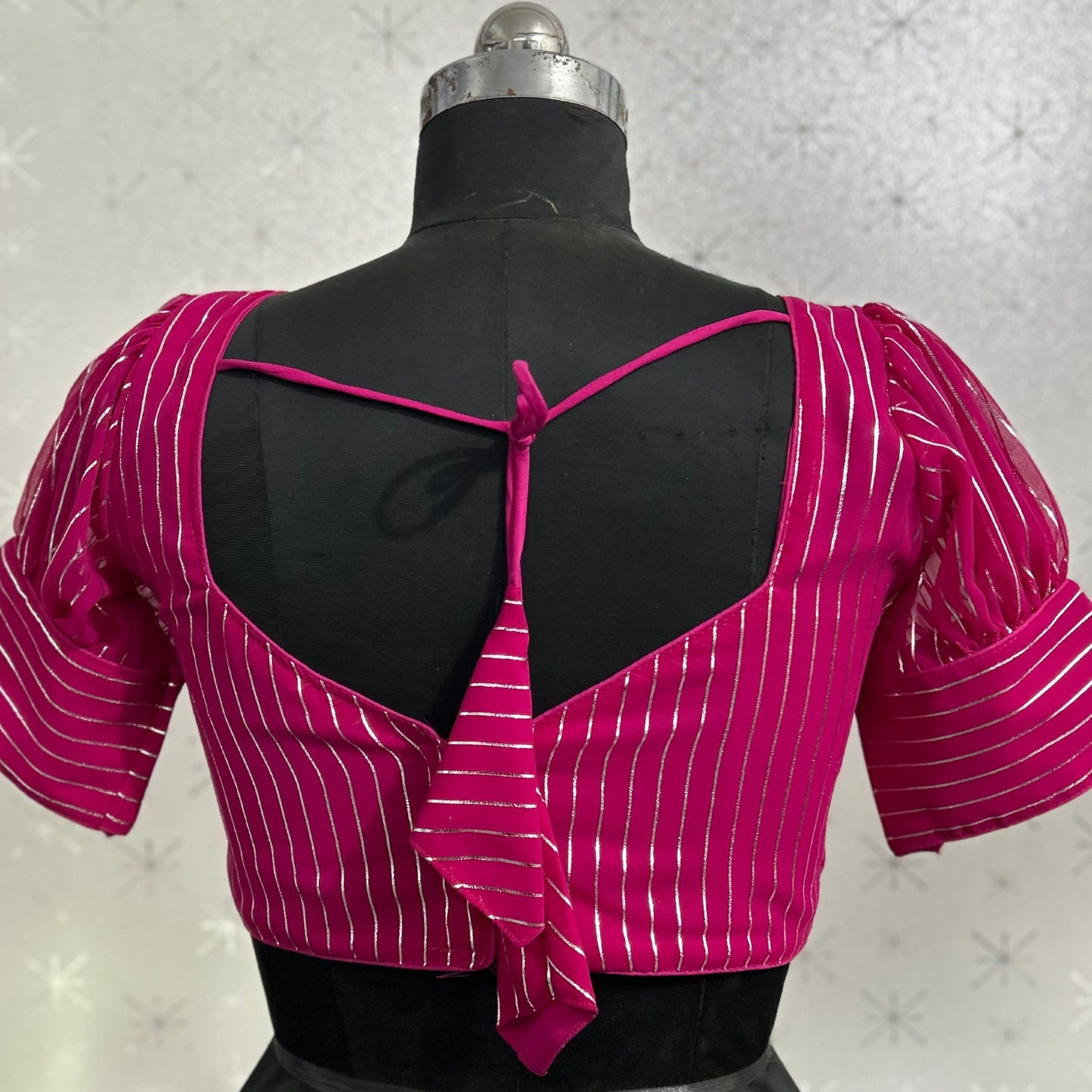 fashionable georgette puff cap sleeve striped halter neck causal wear pink blouse | 1649