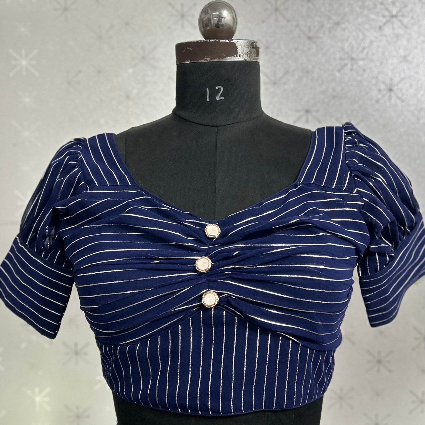 fashionable georgette puff cap sleeve striped halter neck causal wear navy blue blouse | 1649