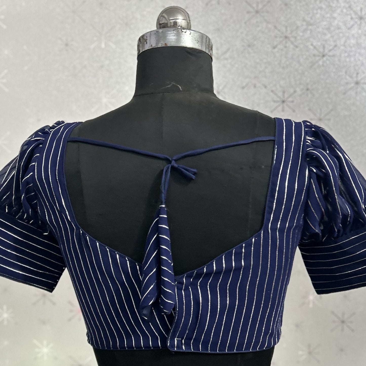 fashionable georgette puff cap sleeve striped halter neck causal wear navy blue blouse | 1649