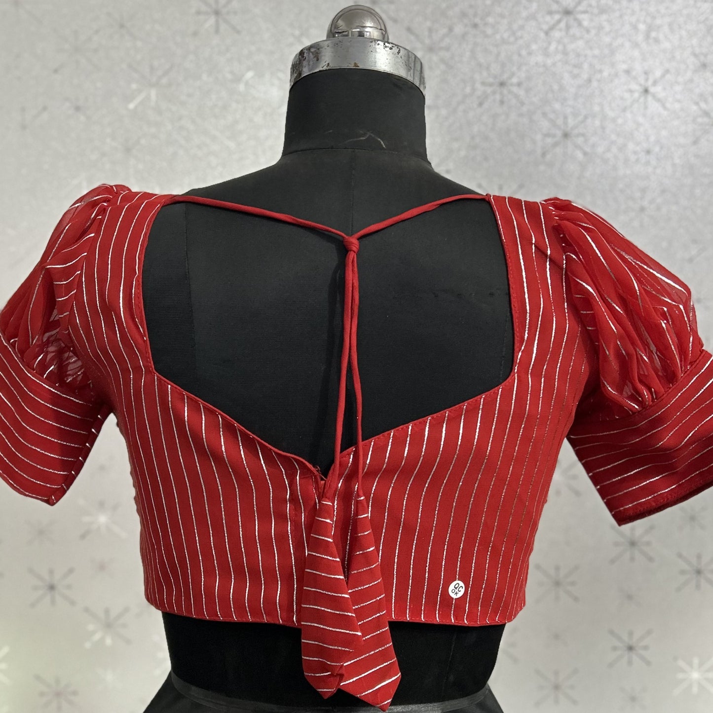 fashionable georgette puff cap sleeve striped halter neck causal wear red blouse | 1649