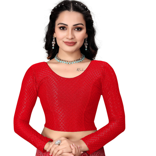 1552 New Daily Wear Round Neck Printed Checkered Pull On Full Sleeve Lycra Blouse for Women (Red)