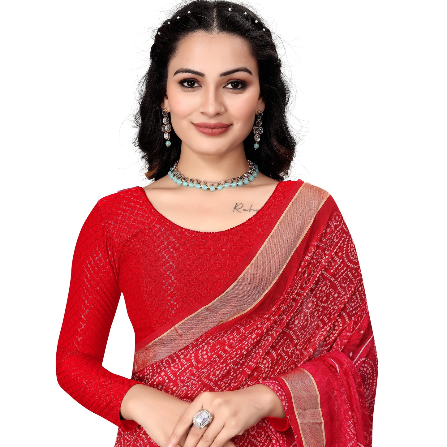 1552 new daily wear round neck printed checkered pull on full sleeve lycra blouse for women (red)