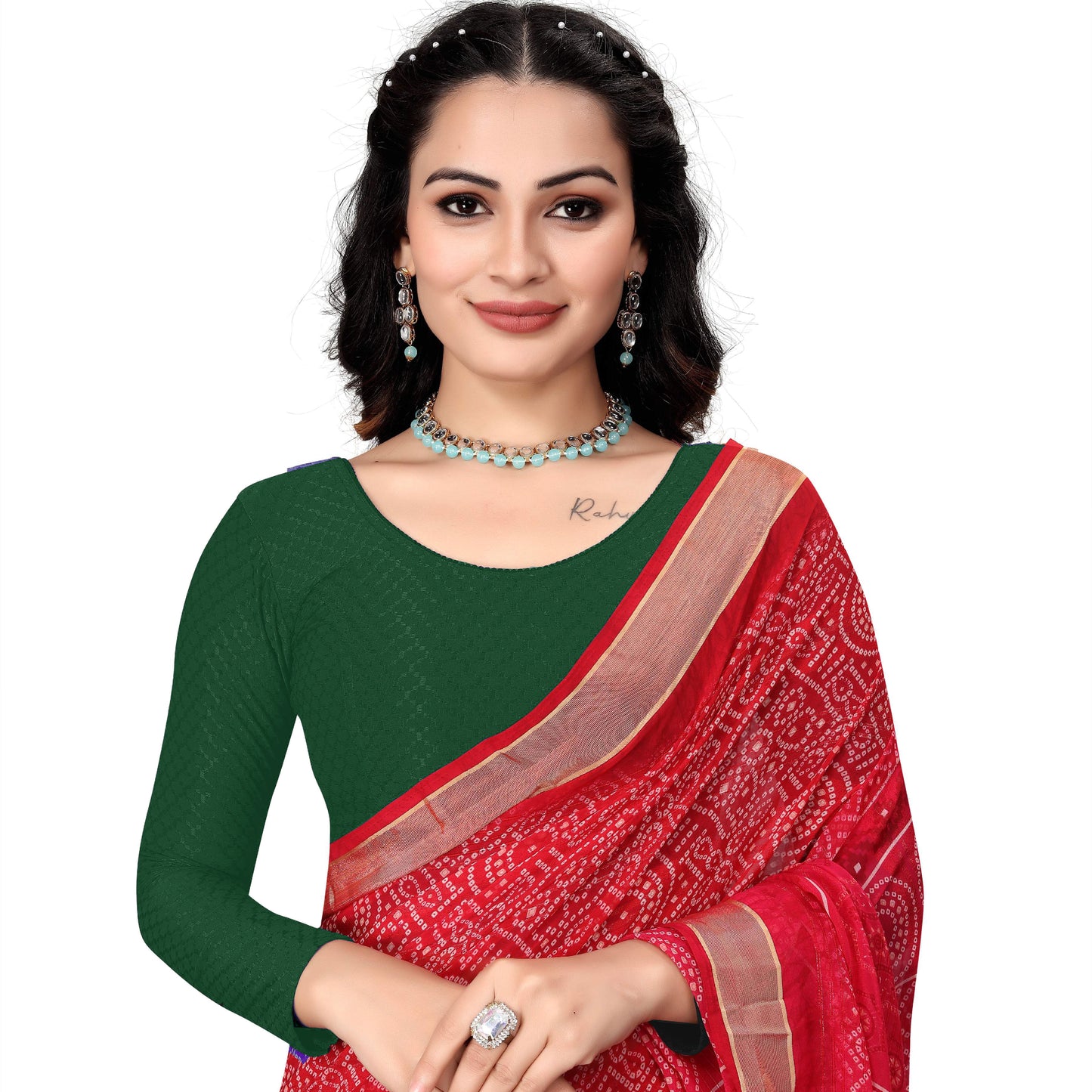 1552 new daily wear round neck printed checkered pull on full sleeve lycra blouse for women (green)