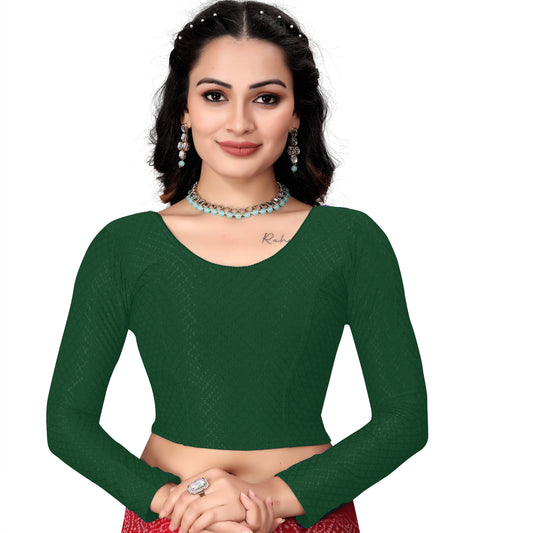 1552 New Daily Wear Round Neck Printed Checkered Pull On Full Sleeve Lycra Blouse for Women (Green)