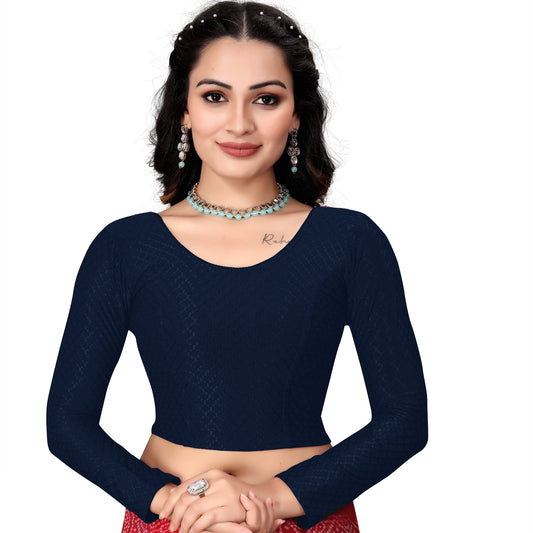 1552 New Daily Wear Round Neck Printed Checkered Pull On Full Sleeve Lycra Blouse for Women (Navy Blue)