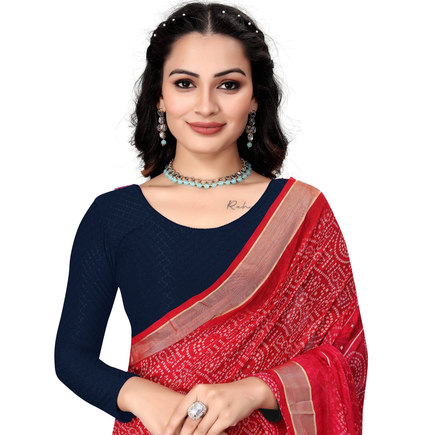 1552 new daily wear round neck printed checkered pull on full sleeve lycra blouse for women (navy blue)