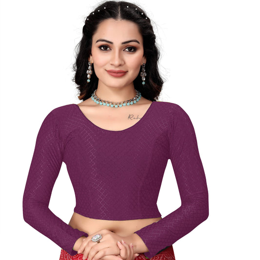 1552 New Daily Wear Round Neck Printed Checkered Pull On Full Sleeve Lycra Blouse for Women (Purple)