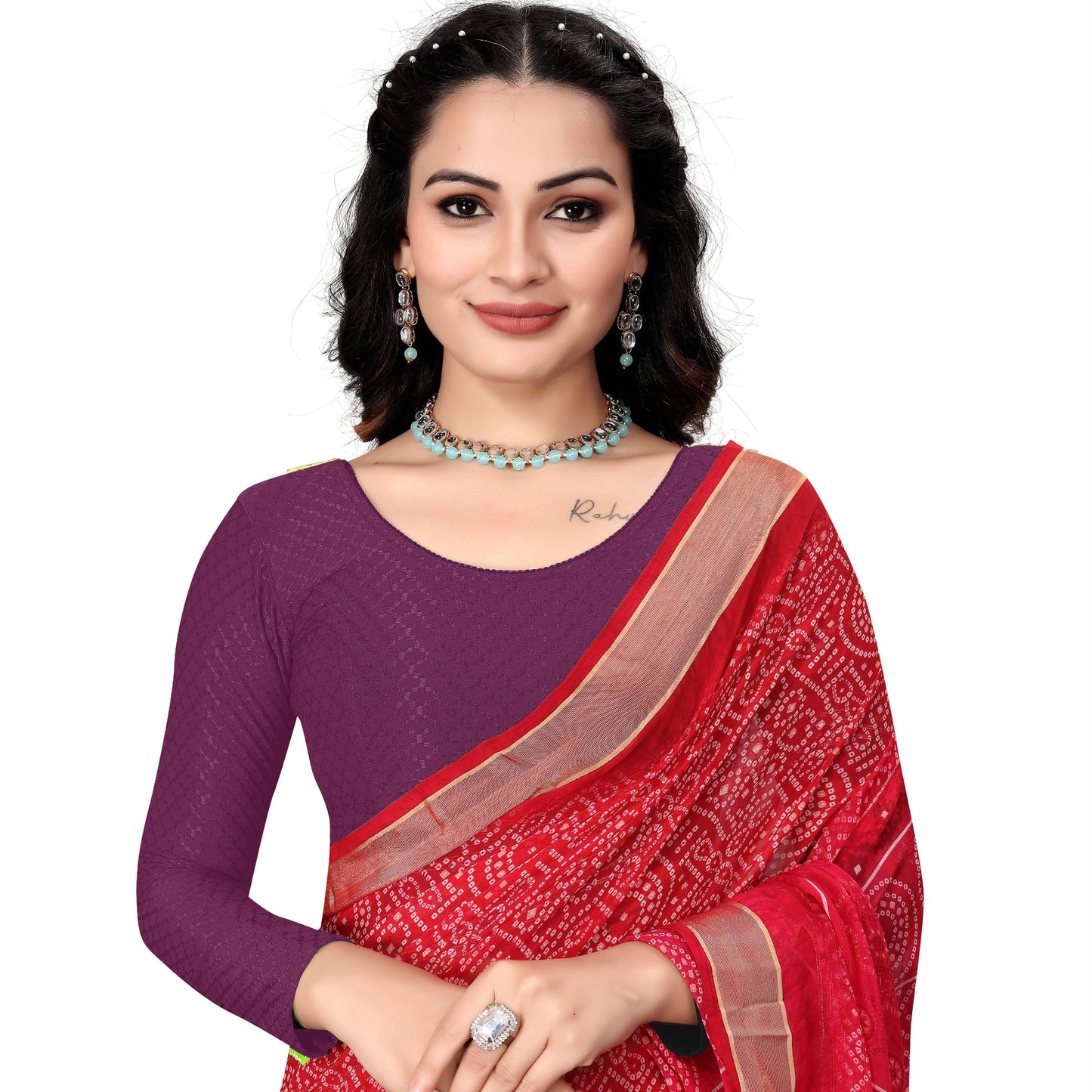 1552 new daily wear round neck printed checkered pull on full sleeve lycra blouse for women (purple)