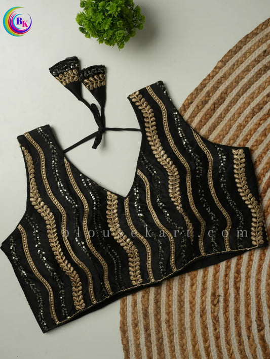 Fancy Sleeveless Round Neck Embroidery Silk Saree Black Blouse | 1803