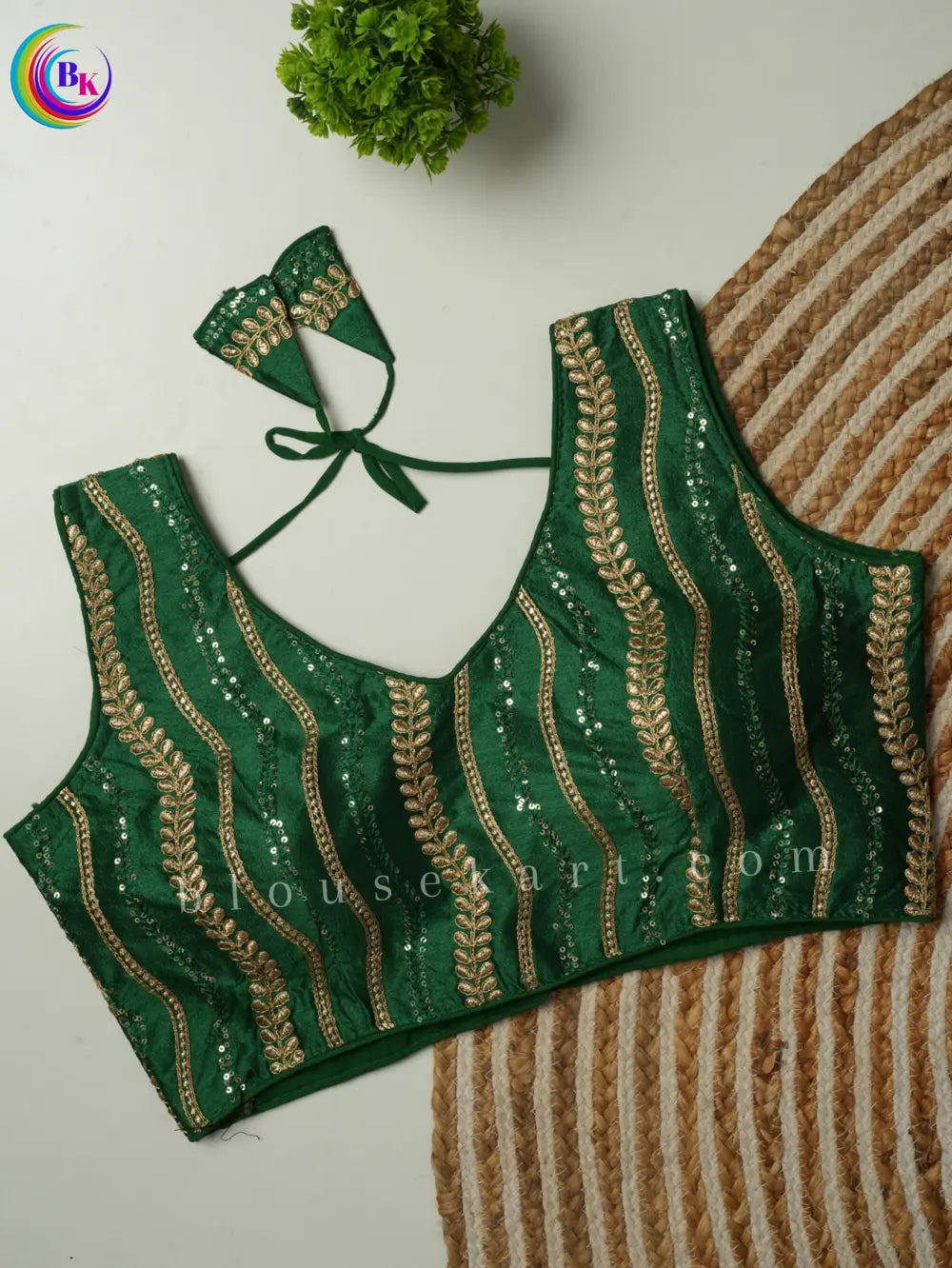 fancy sleeveless round neck embroidery silk saree green blouse | 1803