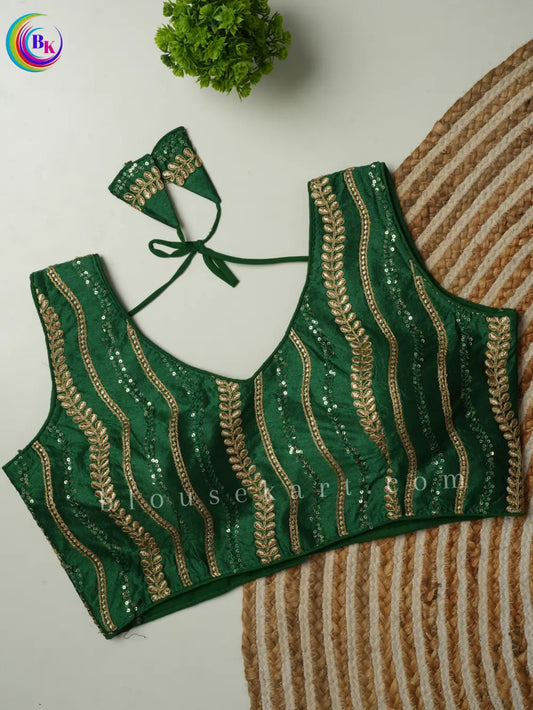 Fancy Sleeveless Round Neck Embroidery Silk Saree Green Blouse | 1803