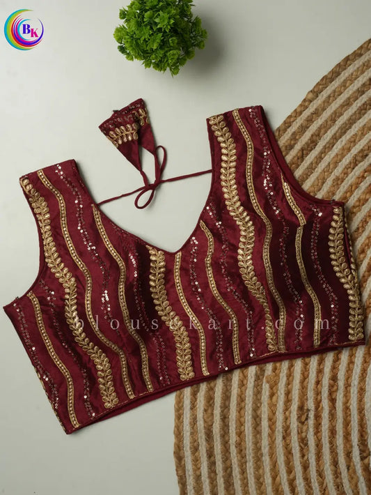 Fancy Sleeveless Round Neck Embroidery Silk Saree Maroon Blouse | 1803