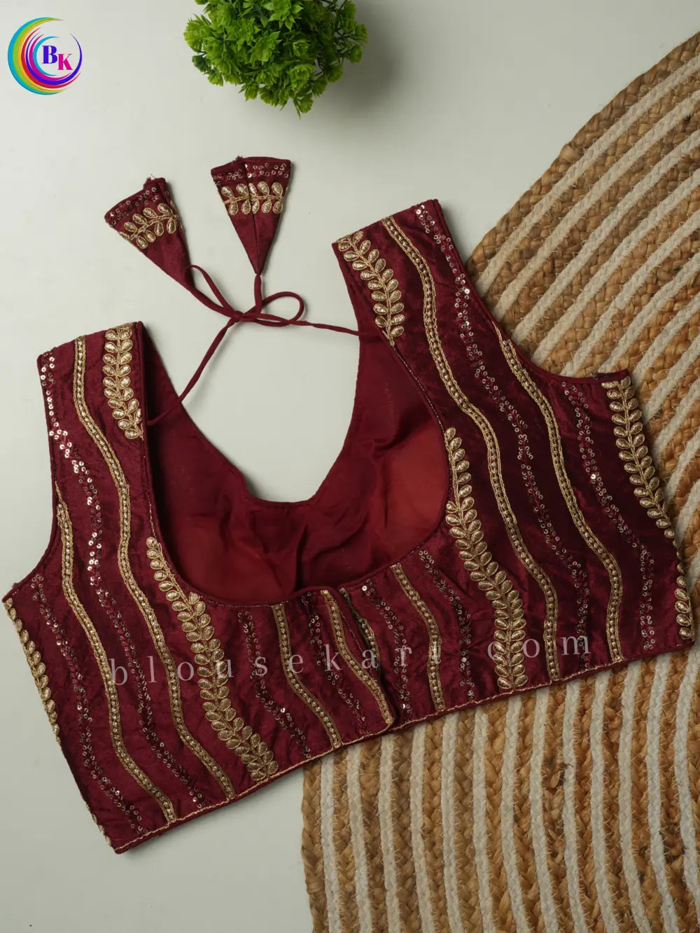 fancy sleeveless round neck embroidery silk saree maroon blouse | 1803