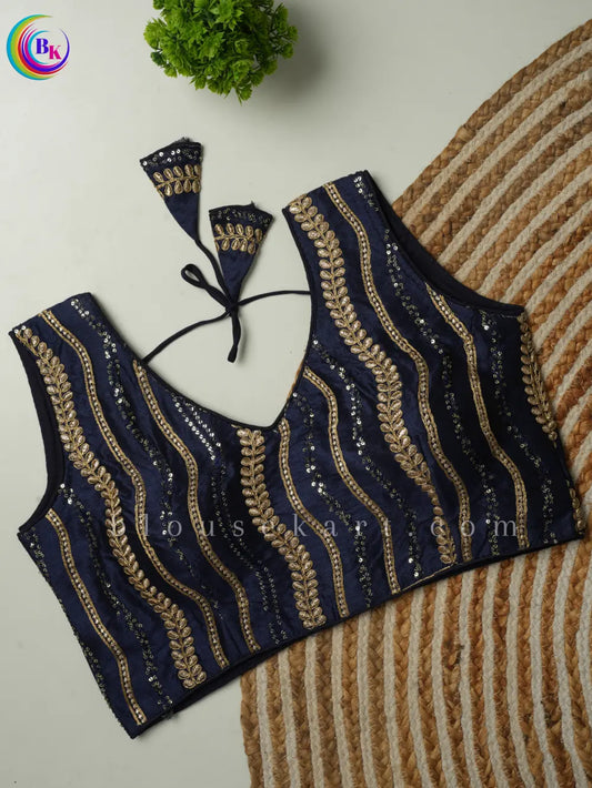 Fancy Sleeveless Round Neck Embroidery Silk Saree Navy Blue Blouse | 1803