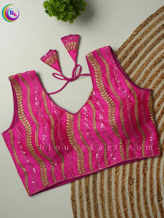 Fancy Sleeveless Round Neck Embroidery Silk Saree Pink Blouse | 1803