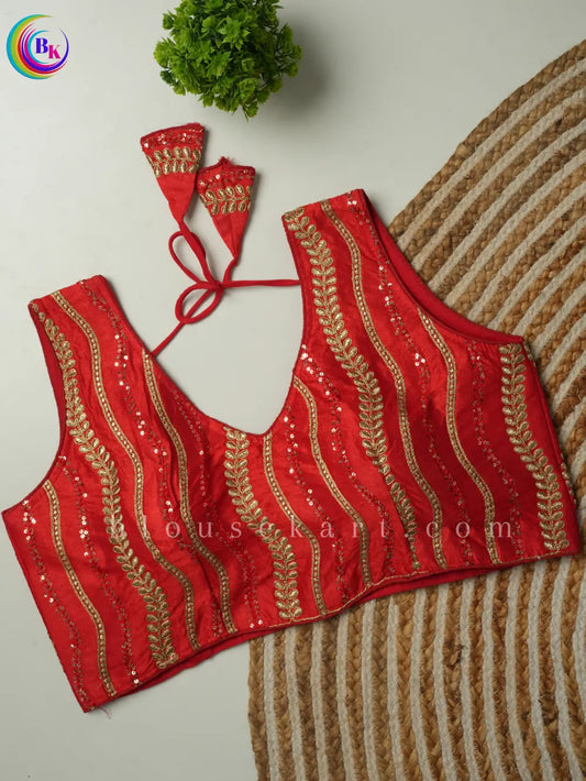 Fancy Sleeveless Round Neck Embroidery Silk Saree Red Blouse | 1803