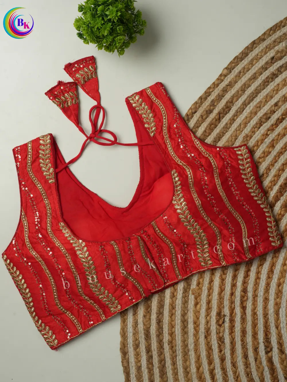 fancy sleeveless round neck embroidery silk saree red blouse | 1803