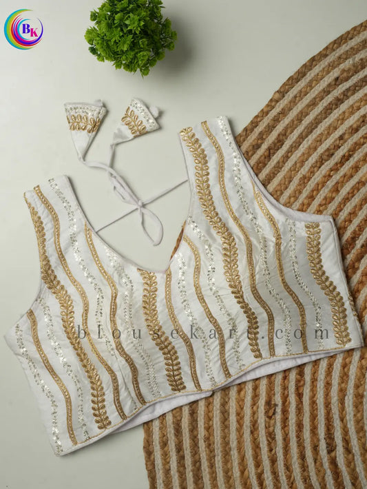 Fancy Sleeveless Round Neck Embroidery Silk Saree White Blouse | 1803