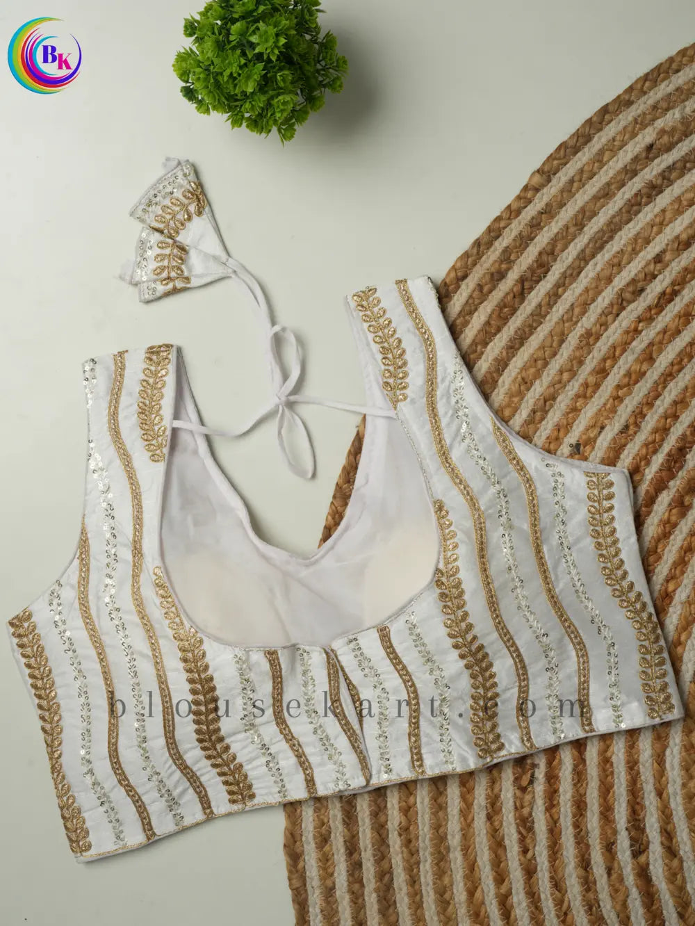 fancy sleeveless round neck embroidery silk saree white blouse | 1803