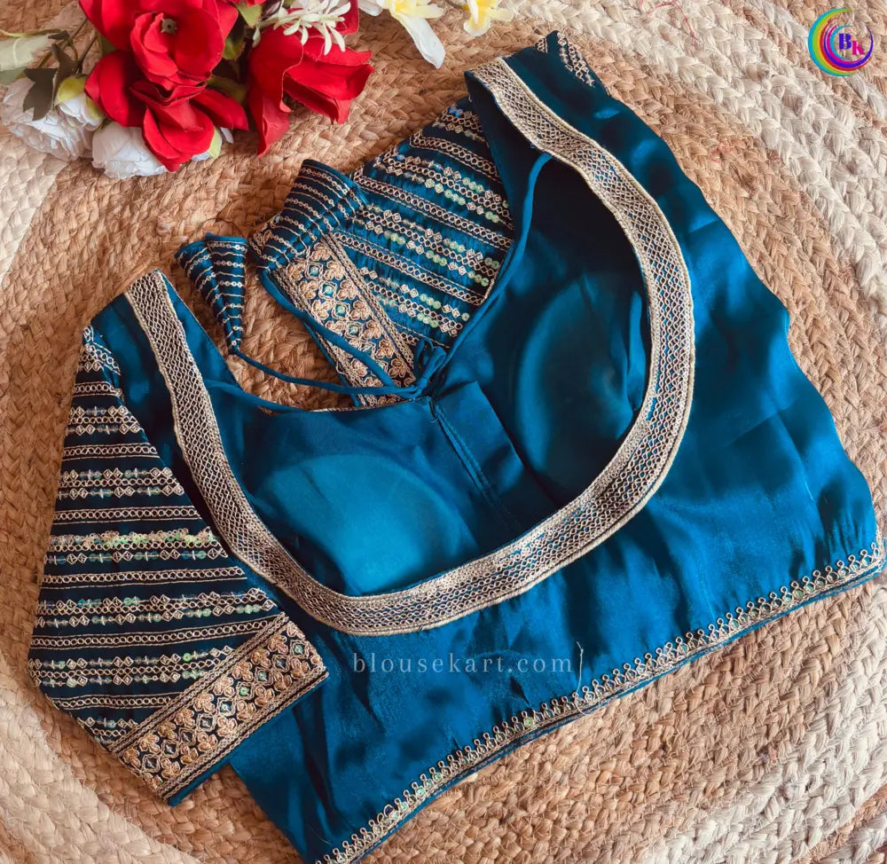 trendy organza embroidery heavy work short sleeve sweetheart neck aqua blue blouse for wedding | 2960