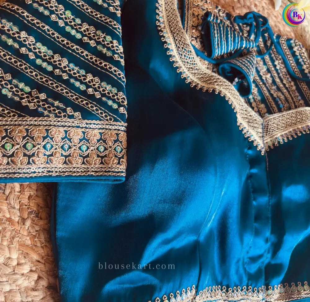 trendy organza embroidery heavy work short sleeve sweetheart neck aqua blue blouse for wedding | 2960