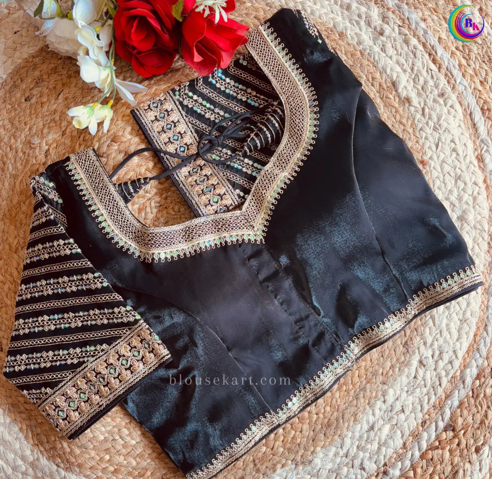 trendy organza embroidery heavy work short sleeve sweetheart neck black blouse for wedding | 2960