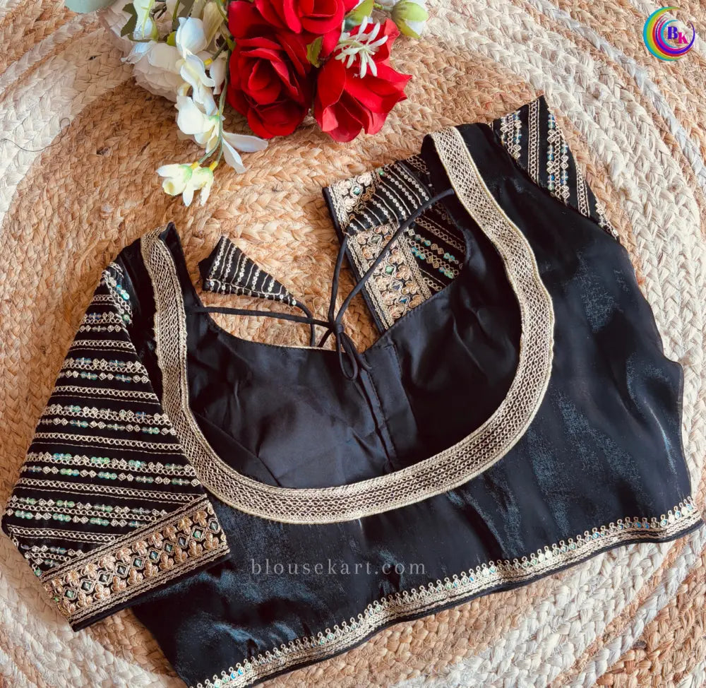 trendy organza embroidery heavy work short sleeve sweetheart neck black blouse for wedding | 2960