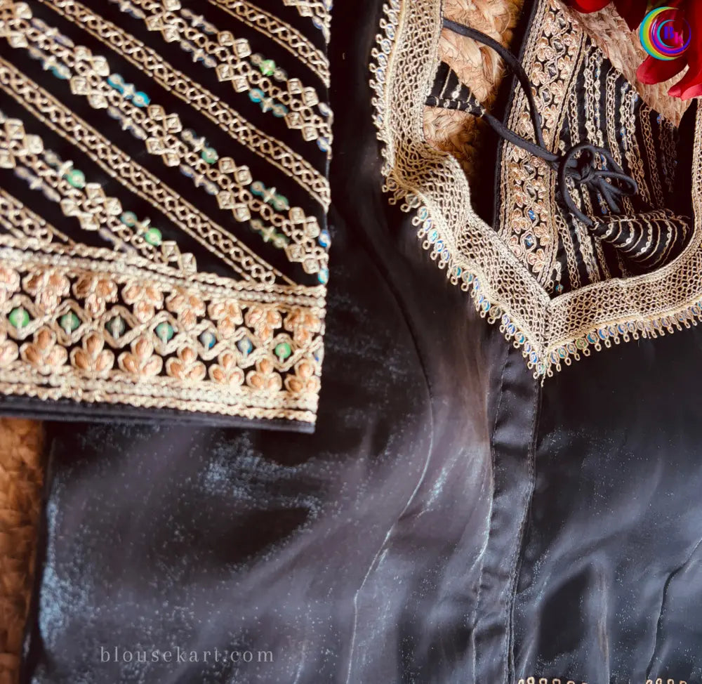 trendy organza embroidery heavy work short sleeve sweetheart neck black blouse for wedding | 2960