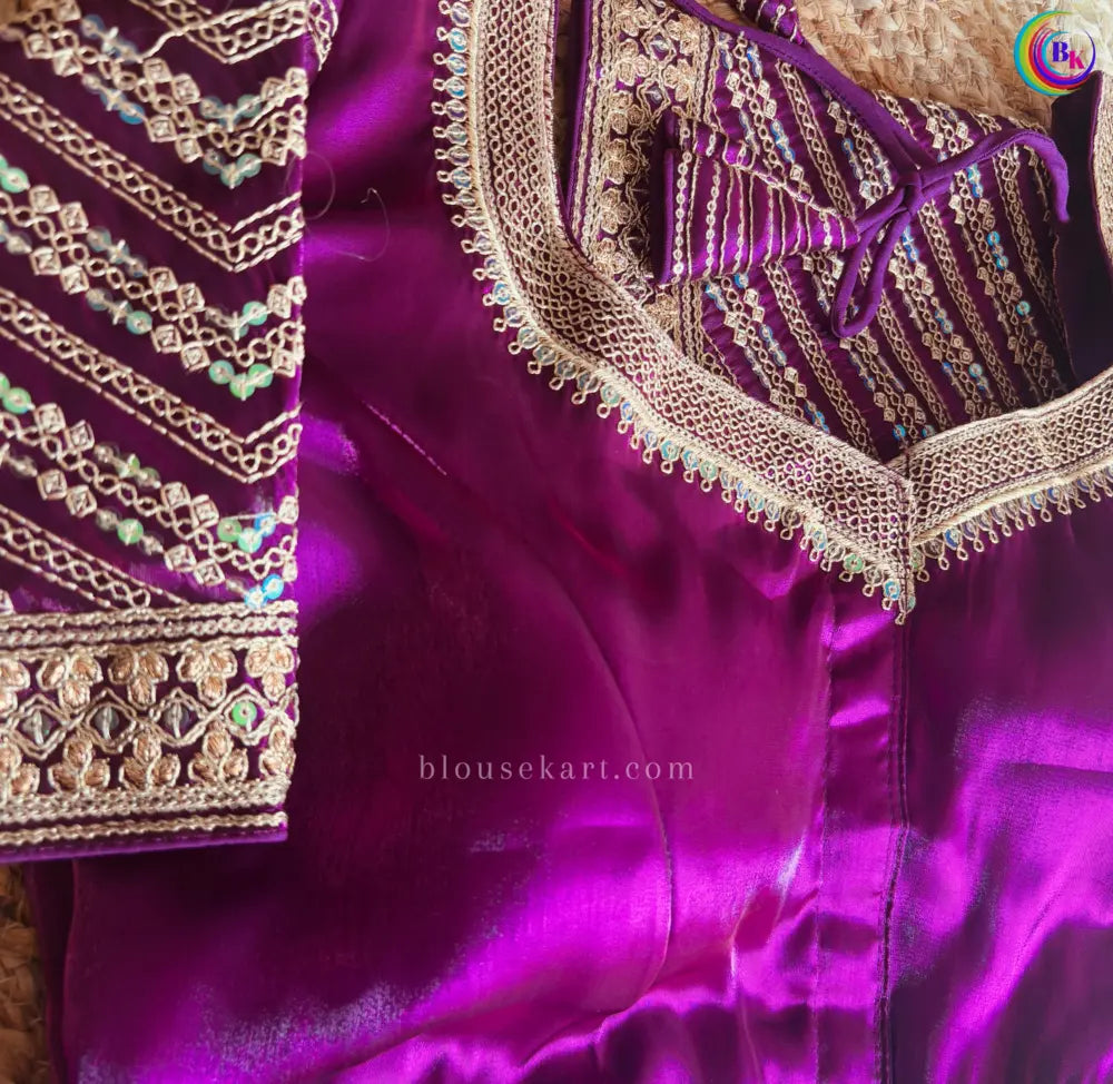 trendy organza embroidery heavy work short sleeve sweetheart neck purple blouse for wedding | 2960