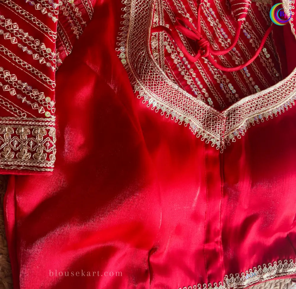 trendy organza embroidery heavy work short sleeve sweetheart neck red blouse for wedding | 2960