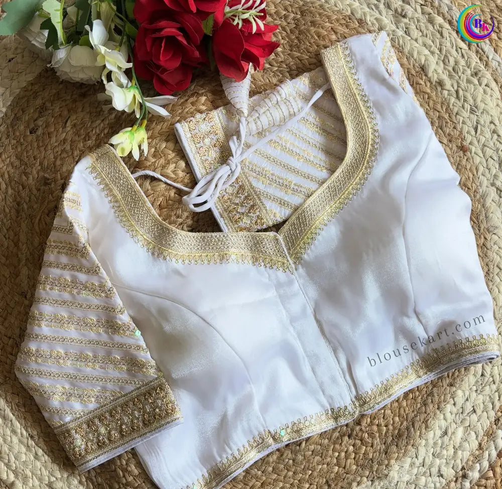 trendy organza embroidery heavy work short sleeve sweetheart neck white blouse for wedding | 2960