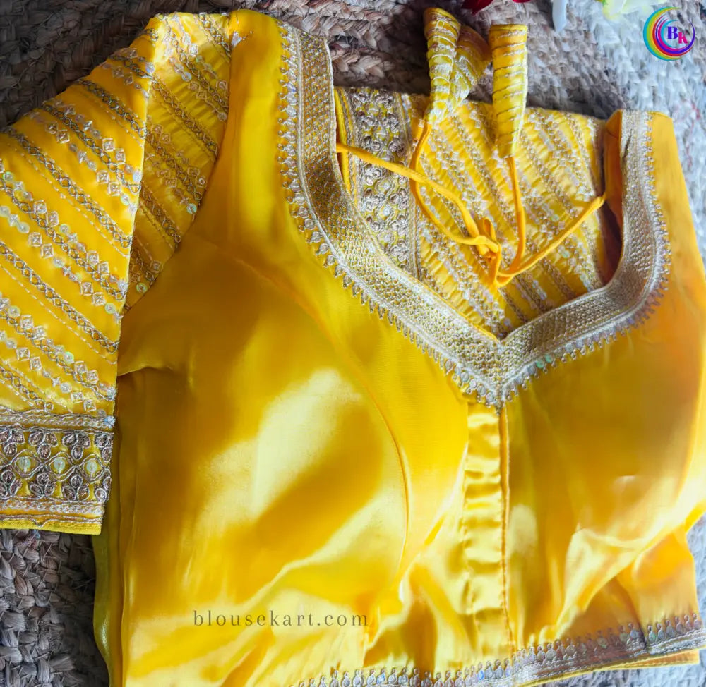 trendy organza embroidery heavy work short sleeve sweetheart neck yellow blouse for wedding | 2960