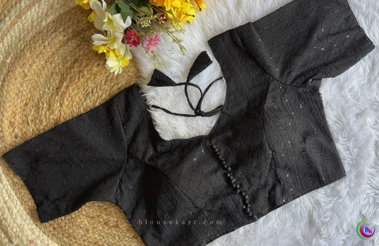 New Chic Georgette Half Sleeve Embroidery Sequins Chikankari Black Blouse for Ocassion | 3010