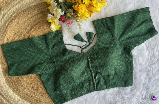 New Chic Georgette Half Sleeve Embroidery Sequins Chikankari Green Blouse for Ocassion | 3010