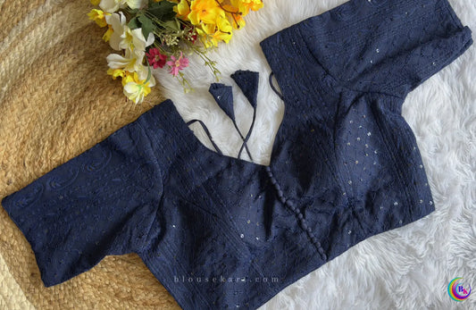 New Chic Georgette Half Sleeve Embroidery Sequins Chikankari Navy Blue Blouse for Ocassion | 3010