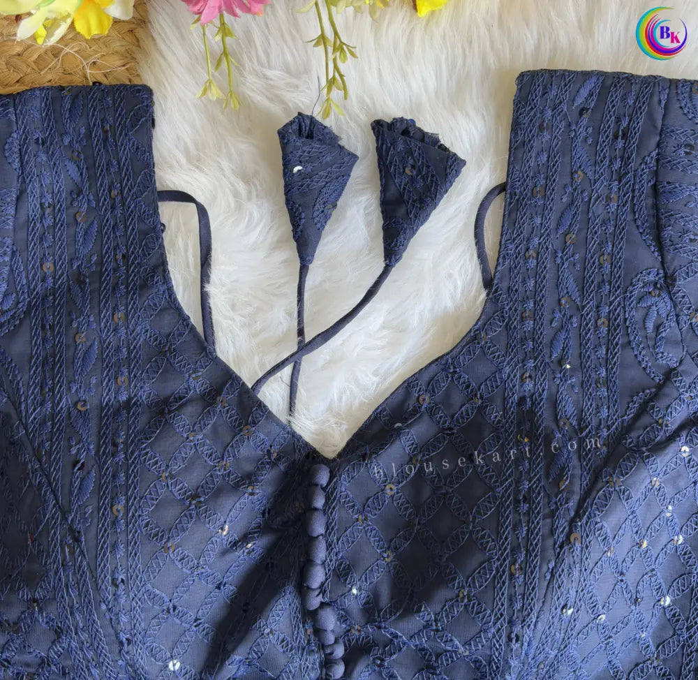 new chic georgette half sleeve embroidery sequins chikankari navy blue blouse for ocassion | 3010