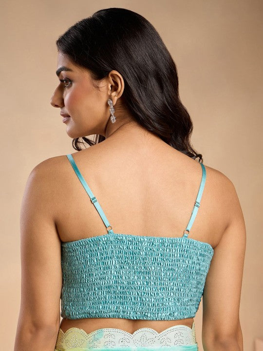 green embellished squarer neck sleeveless zip closure net party blouse | 803