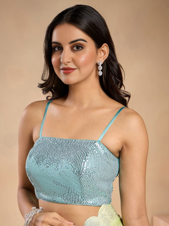 green embellished squarer neck sleeveless zip closure net party blouse | 803