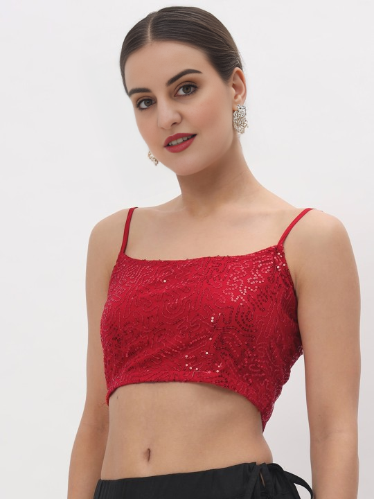 red embroidered spaghetti sequinned net blouse round neck sleeveless | 804