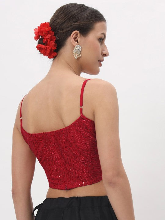 red embroidered spaghetti sequinned net blouse round neck sleeveless | 804